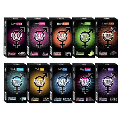 NOTTY BOY Condom For Man Combo Pack of 100 Pieces (Set of 10) - Big Dotted, Extreme Delay, Extra Thin, Ultra Ribbed, Lubricated, 4-IN-1, Flavours and 3InOne