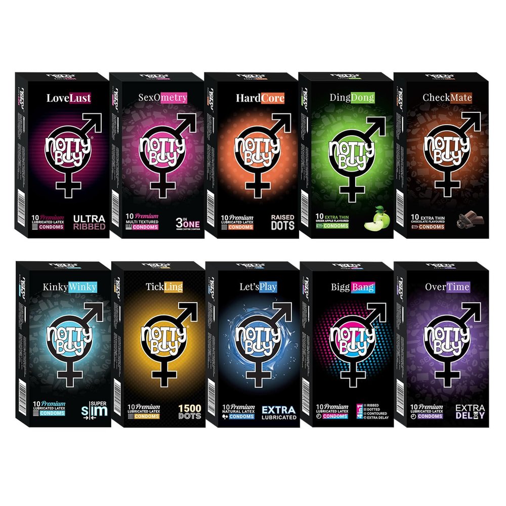 NOTTY BOY Condom For Man Combo Pack of 100 Pieces (Set of 10) - Big Dotted, Extreme Delay, Extra Thin, Ultra Ribbed, Lubricated, 4-IN-1, Flavours and 3InOne