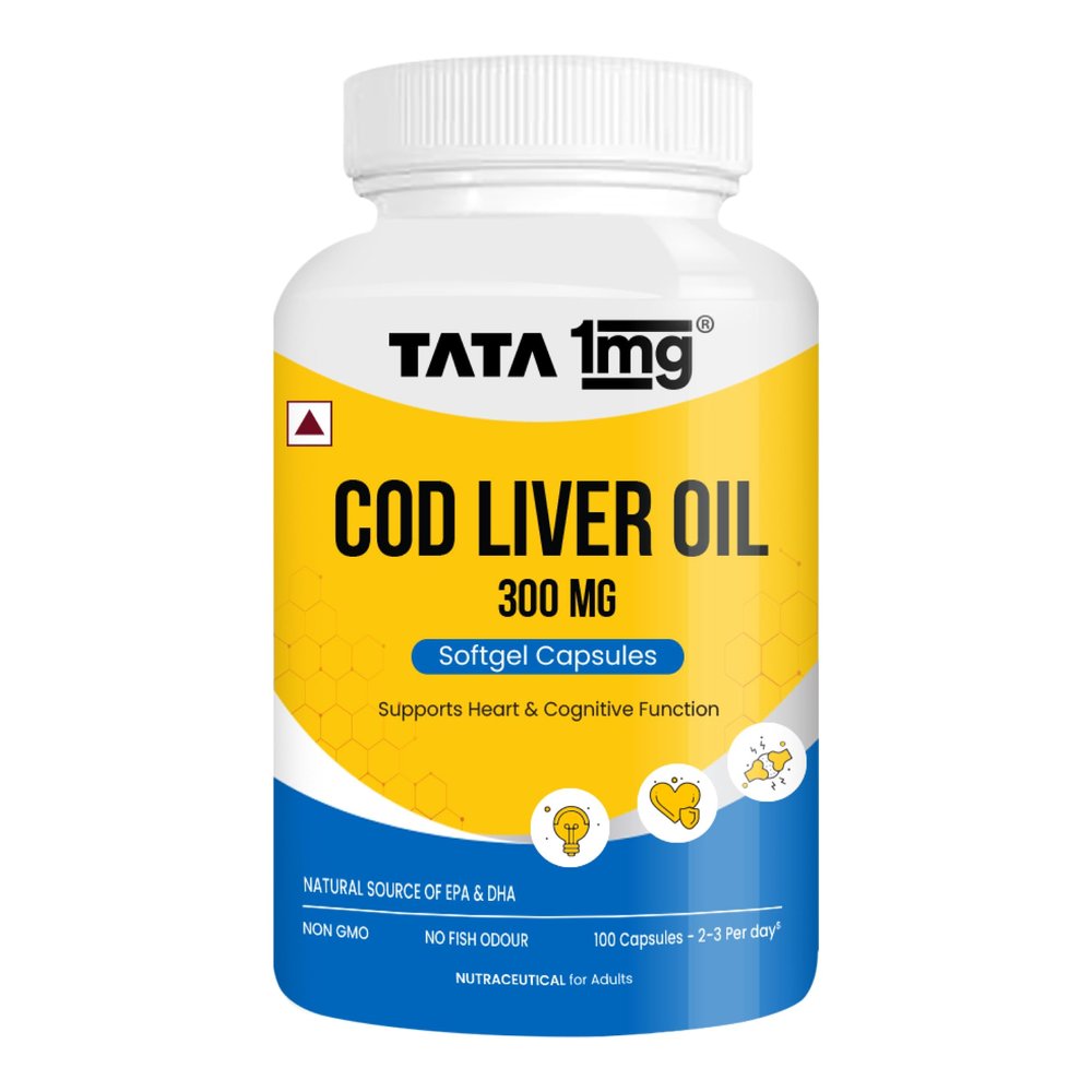 1MG Tata Cod Liver Oil Supplement with Omega 3,Vitamin A and D - 100 Capsules | Supports Heart, Brain, Joint and Vision Health | Fish Oil for Women & Men | No Fish Odour & Non-GMO