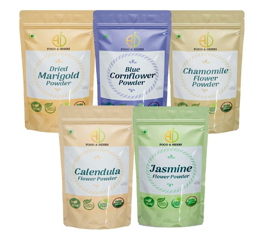 A D Food & Herbs Combo of Jasmine/Marigold/Blue Corn/Chamomile/Calendula Flower Powder Aromatic Edible for Homemade Lattes,Tea Blends,Bath Salts,Face packs & Body packs (250 GMS x Pack of 5)