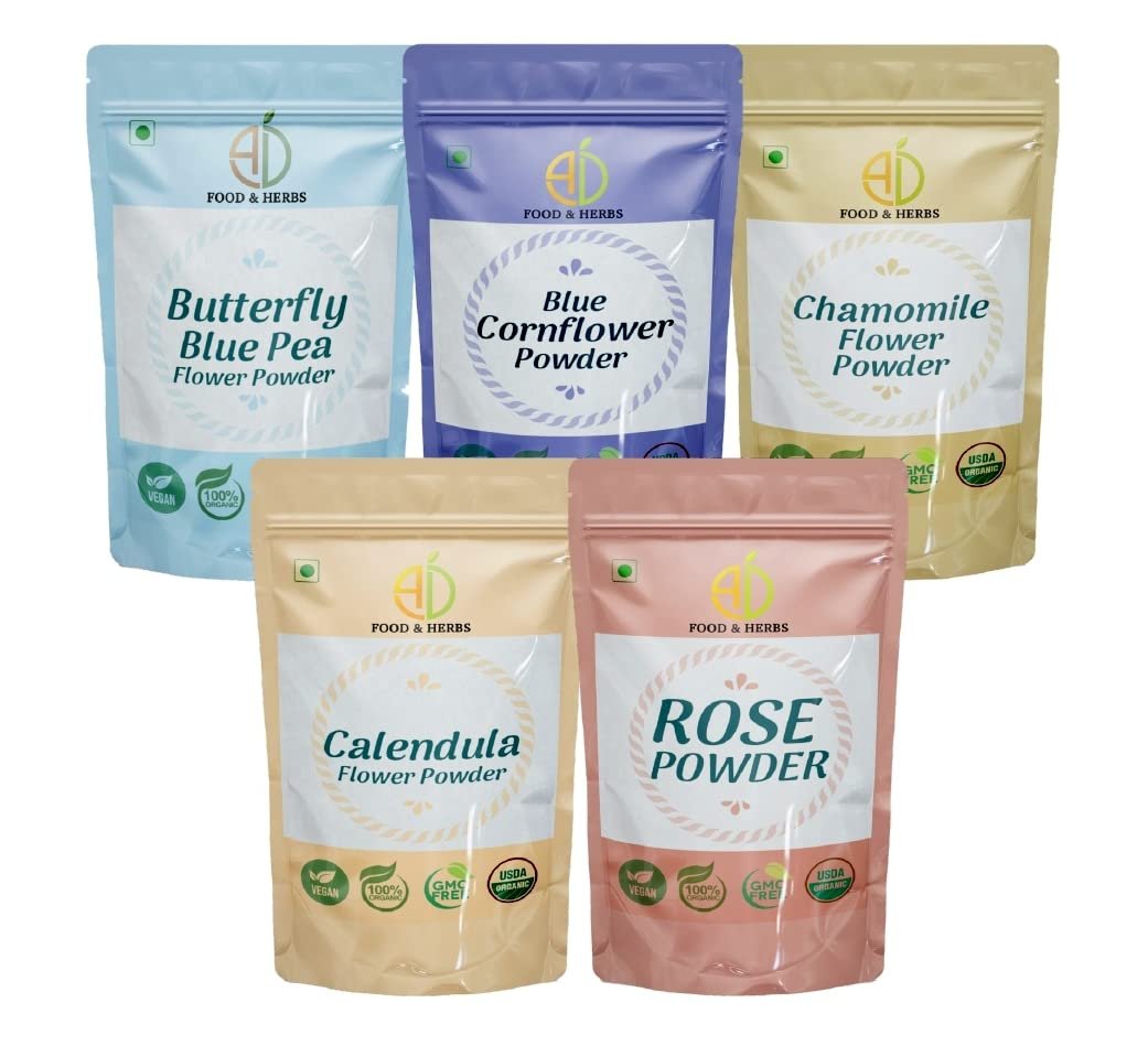 A D Food & Herbs Combo of Butterfly Pea/Rose/Blue Corn/Chamomile/Calendula Flower Powder Aromatic Edible for Homemade Lattes,Tea Blends,Bath Salts,Face packs & Body packs (250 GMS x Pack of 5)