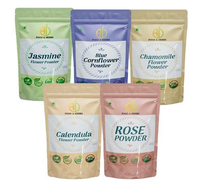 A D Food & Herbs Combo of Jasmine/Rose/Blue Corn/Chamomile/Calendula Flower Powder Aromatic Edible for Homemade Lattes,Tea Blends,Bath Salts,Face packs & Body packs (250 GMS x Pack of 5)