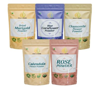 A D Food & Herbs Combo of Marigold/Rose/Blue Corn/Chamomile/Calendula Flower Powder Aromatic Edible for Homemade Lattes,Tea Blends,Bath Salts,Face packs & Body packs (50 GMS x Pack of 5)