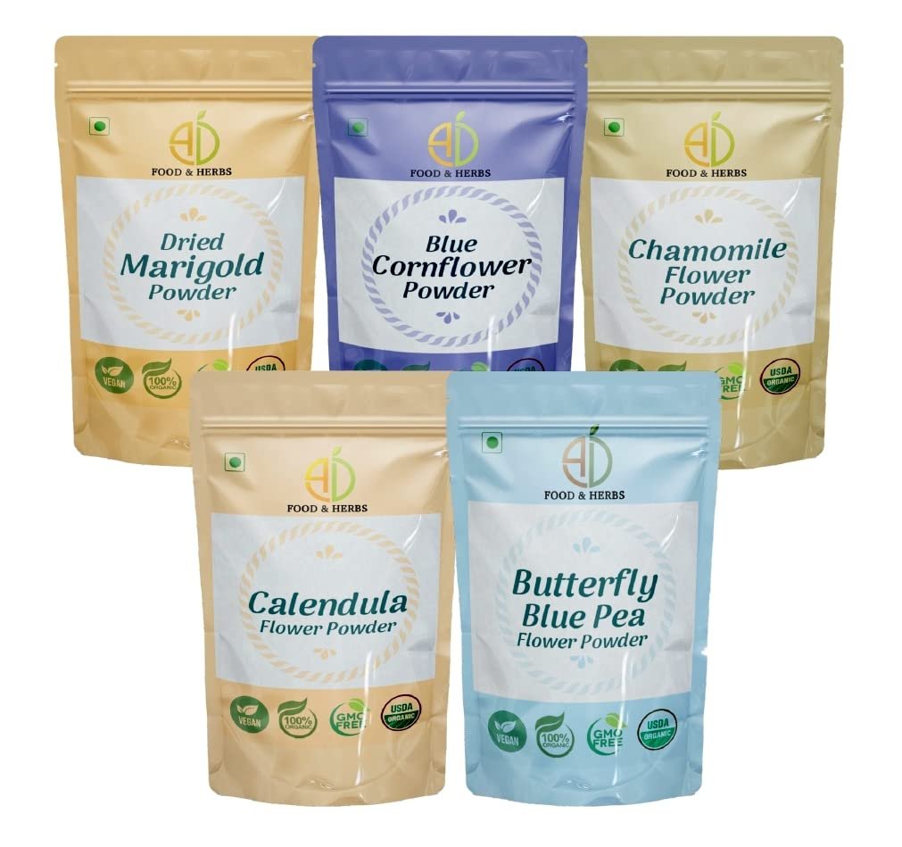 A D Food & Herbs Combo of Butterfly Pea/Marigold/Blue Corn/Chamomile/Calendula Flower Powder Aromatic Edible for Homemade Lattes,Tea Blends,Bath Salts,Face & Body packs (100 GMS x Pack of 5)