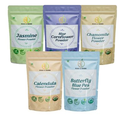 A D Food & Herbs Combo of Jasmine/Butterfly Pea/Blue Corn/Chamomile/Calendula Flower Powder Aromatic Edible for Homemade Lattes,Tea Blends,Bath Salts,Face & Body packs (250 GMS X Pack of 5)