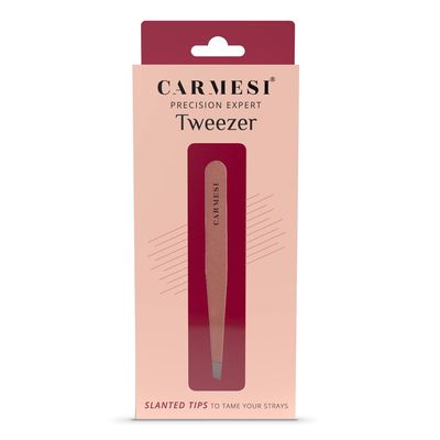 Carmesi Precision Expert Tweezer | Slanted Tips for Easy Hair Removal | Suitable for Eyebrows, Upper Lip, Chin | Stainless Steel Blade | No Cuts | Rose Gold Colour