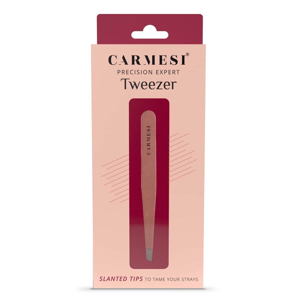 Carmesi Precision Expert Tweezer | Slanted Tips for Easy Hair Removal | Suitable for Eyebrows, Upper Lip, Chin | Stainless Steel Blade | No Cuts | Rose Gold Colour