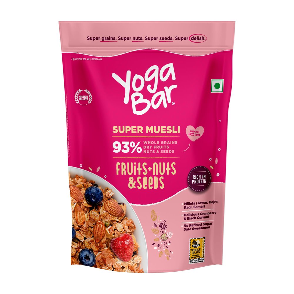 Yogabar Muesli Fruit and Nuts - Wholegrain Breakfast Cereals with Oats and Dry Fruits, High in Omega 3, Gluten Free Granola with Chia and Flax Seeds (500g - Pack of 1)