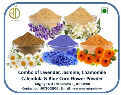 A D Food & Herbs Combo of Jasmine/Lavender/Blue Corn/Chamomile/Calendula Flower Powder Aromatic Edible for Homemade Lattes,Tea Blends,Bath Salts,Face & Body packs (250 GMS x Pack of 5)