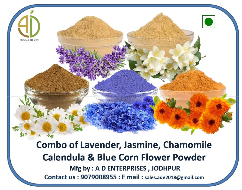 A D Food & Herbs Combo of Jasmine/Lavender/Blue Corn/Chamomile/Calendula Flower Powder Aromatic Edible for Homemade Lattes,Tea Blends,Bath Salts,Face & Body packs (250 GMS x Pack of 5)