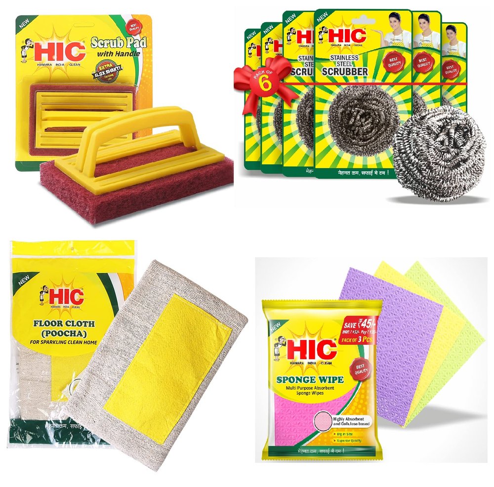 HIC Scrub pad with Handle + Stainless Still Scrubber 6 pcs + Floor Cloth Pochha + Sponge Wipe 3 Pcs Combo Product Kitchen Set for Kitchen Cleaning (Kitchen Cleaning Combo Set)