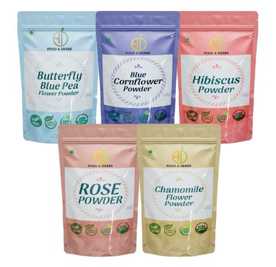 A D Food & Herbs Combo of Butterfly Pea/Rose/Hibiscus/Blue Corn/Chamomile Flower Powder Aromatic Edible for Homemade Lattes,Tea Blends,Bath Salts,Face & Body packs (250 GMS x Pack of 5)