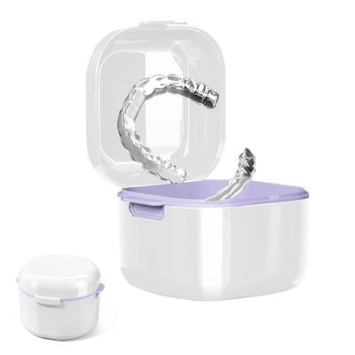 HASTHIP Denture Case, Denture Bath Case Cup Box Holder Storage Soak Container with Strainer Basket for Travel, Retainer Cleaning, White
