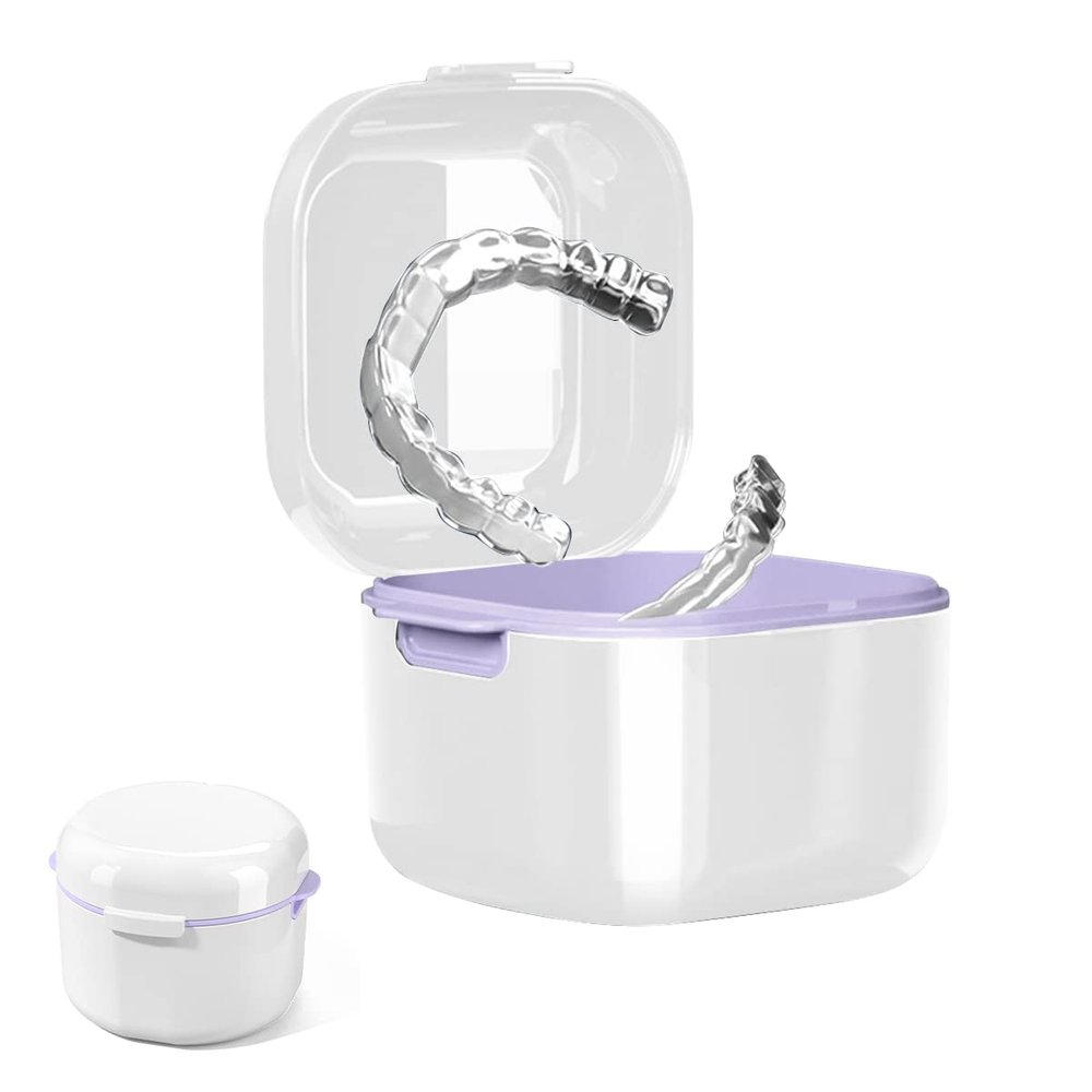 HASTHIP Denture Case, Denture Bath Case Cup Box Holder Storage Soak Container with Strainer Basket for Travel, Retainer Cleaning, White