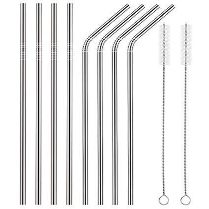 Baraky Stainless Steel Straws for Drinking with Brushes Pack of 10 Pieces (4 Bent + 4 Straight + 2 Brushes), Silver
