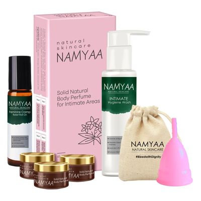 Namyaa Period Care Kit- Feminine Cramp Roll on, Intimate wash, Solid Body Perfumes, Menstrual Cup (Large)
