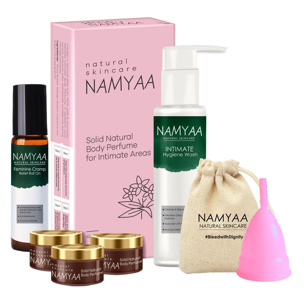 Namyaa Period Care Kit- Feminine Cramp Roll on, Intimate wash, Solid Body Perfumes, Menstrual Cup (Large)
