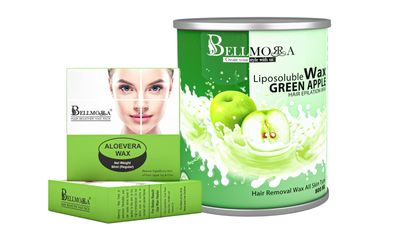 Bellmorra Liposoluble Wax+Katori Wax Pack - For Body Hair Removal Wax Removes Tan & Facial Removing | Face, Upper Lips, Black Heads, Eyebrow, And Chin | (Green Apple & Aloevera)