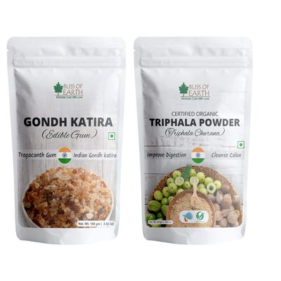 Bliss of Earth Organic Triphala Powder Churna & Organic Gond Katira Tragacanth Gum 100 gm Pack of 2
