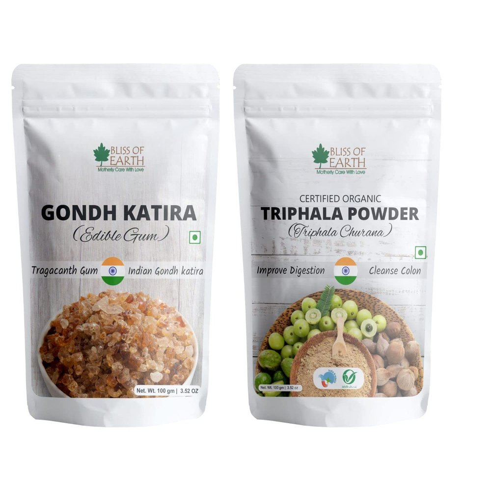 Bliss of Earth Organic Triphala Powder Churna & Organic Gond Katira Tragacanth Gum 100 gm Pack of 2