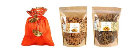 AESTHETIC HUB POTLI COMBO ALMONDS & PISTA Gift Boxes with Dry Fruits POTLI(Potli(Almond & Raisins)-Orange)