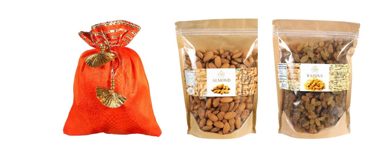 AESTHETIC HUB POTLI COMBO ALMONDS & PISTA Gift Boxes with Dry Fruits POTLI(Potli(Almond & Raisins)-Orange)