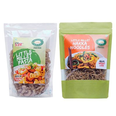 Millet Amma Little Millet Pasta-180gm + Little Millet Hakka Noodles-180gm, Combo Pack - 360 Gms, Easy & Ready to Cook, Zero Maida & 100% Vegan, Best Choice for Instant Breakfast & Dinner