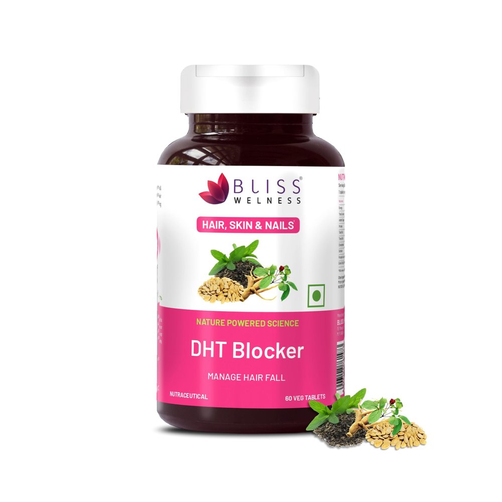 Bliss Welness DHT Blocker with Biotin, Pumpkin Seed, Green Tea, Omega-3, Vitamins C, E, B6, Zinc, Selenium & Beta-Sitosterol  Reduces Hair Fall, Stimulates Growth & Regrowth  60 Veg Tablets.