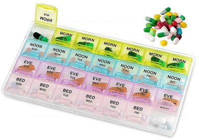 FunBlast Pill Box for Medicine - Weekly Pill Organizer 4-Times-A-Day, Portable 7 Day Pill Box Case with Separate Compartments to Hold Medication, Vitamins Capsules, Medicine Organizer Box