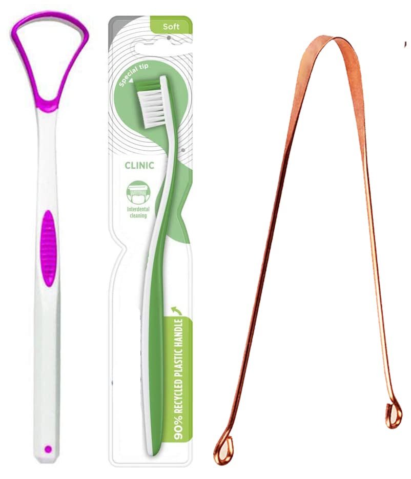 Tongue Scraper Brush, Tongue Cleaner Brush Scraper Bad Breath, Oral Care Tongue Coating Cleaner Scrubber Tongue Tools with Copper Tongue Cleaner & Toothbrush