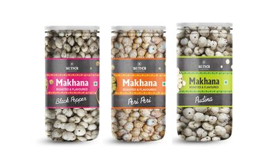 Sethji Roasted & Flavoured Makhana - Black Pepper, Peri Peri, Pudina (Pack of 3, 80g each) | Fox Nuts | Big Size Phool Makhana Indian Snacks, 240g