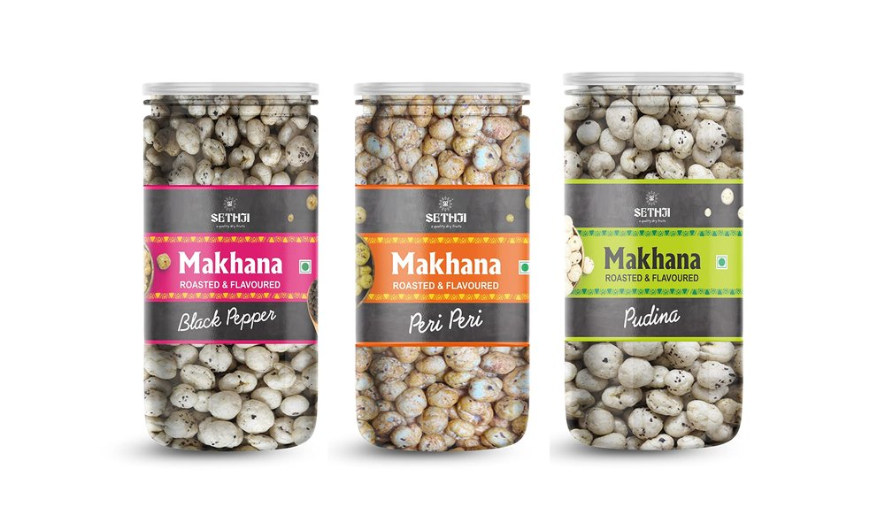 Sethji Roasted & Flavoured Makhana - Black Pepper, Peri Peri, Pudina (Pack of 3, 80g each) | Fox Nuts | Big Size Phool Makhana Indian Snacks, 240g
