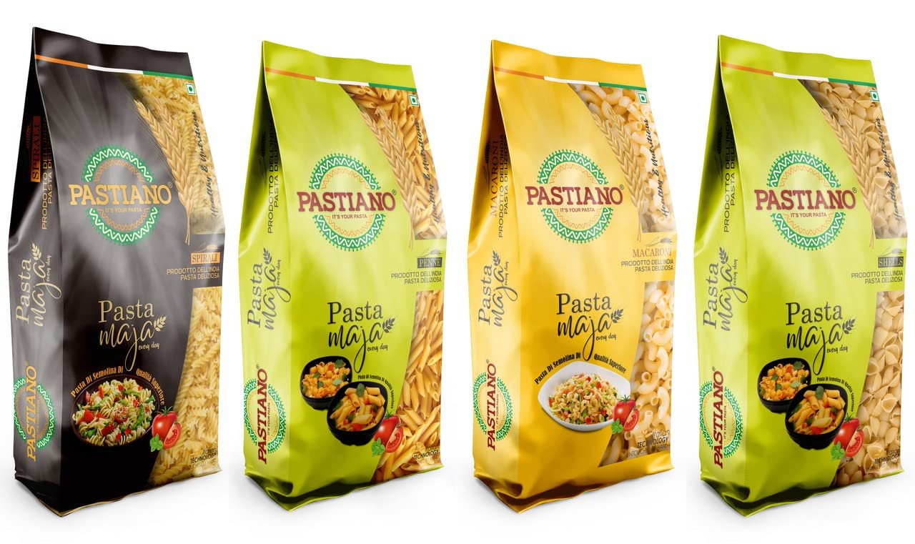 Pastiano Maja Combo- Macaroni, Fusilli, Penne And Shells Pasta- 500 Gms Each- (Pack Of 4)