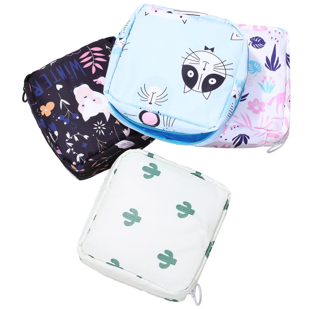 FOMIYES 4 Pcs Zipper Sanitary Napkin Bags Portable Napkin Pads Collect Bags Cartoon Period Pouch for Women Girls