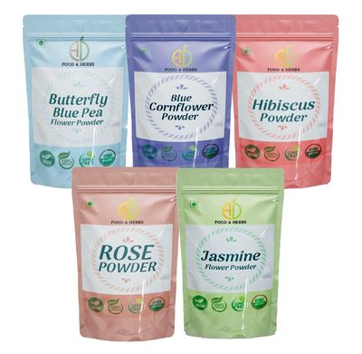 A D Food & Herbs Combo of Jasmine/Butterfly Pea/Rose/Hibiscus/Blue Corn Flower Powder Aromatic Edible for Homemade Lattes,Tea Blends,Bath Salts,Face & Body packs (100 GMS x Pack of 5)