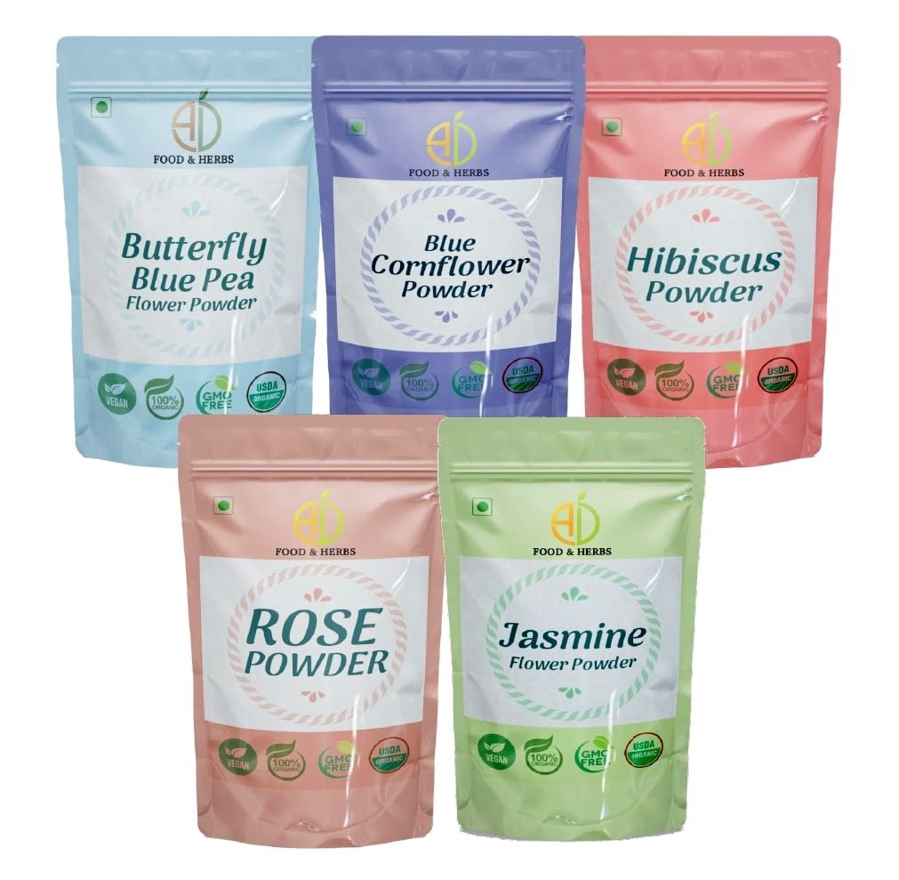 A D Food & Herbs Combo of Jasmine/Butterfly Pea/Rose/Hibiscus/Blue Corn Flower Powder Aromatic Edible for Homemade Lattes,Tea Blends,Bath Salts,Face & Body packs (100 GMS x Pack of 5)