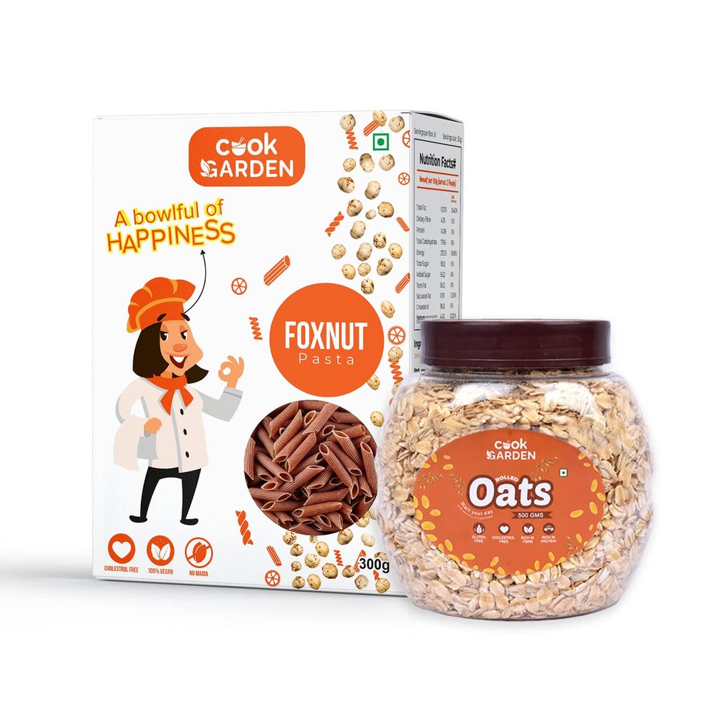 CookGarden Rolled Oats 500g & Foxnut Pasta 300g | Wholegrain Breakfast | High Protein and Fibre Combo | Box