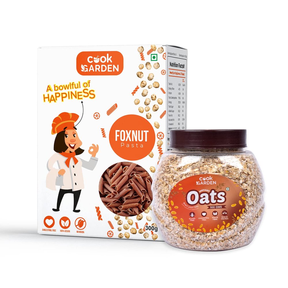CookGarden Instant Oats 500g & Foxnut Pasta 300g | Wholegrain Breakfast | High Protein and Fibre Combo | Box