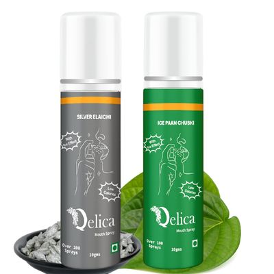 Qelica Mouth Spray with Ice Effect Long Lasting Coolest Instant Breath Freshner Spray for Men and Women (Silver Elachi & Ice Paan Chuski 10 gram Each)