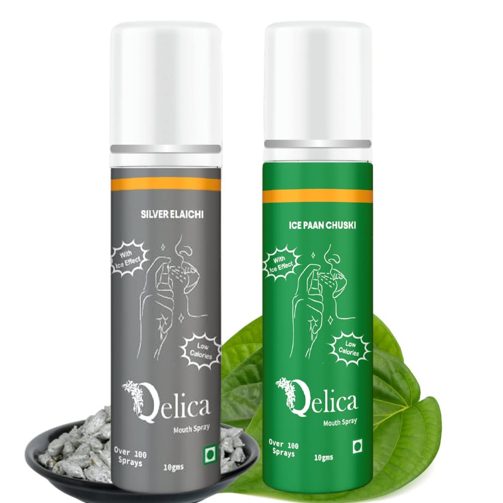 Qelica Mouth Spray with Ice Effect Long Lasting Coolest Instant Breath Freshner Spray for Men and Women (Silver Elachi & Ice Paan Chuski 10 gram Each)