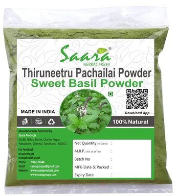 Saara HERBAL FRESH Thiruneetru Pachailai Powder, Sweet Basil, Ram Tulsi, Bhu Tulasi Powder, Helps maintain Skin Health, Boosts Digestion, 150g (Pack of 1 X 100g, Pack of 1 X 50g)