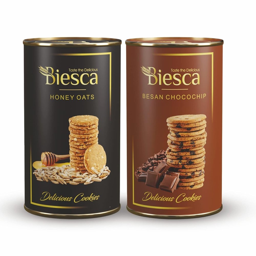 Biesca Natural Honey Oats Cookies 185g and Besan Chocochip Cookies 170g (Combo Pack), Delicious and Crunchy, Premium Handmade Nut Biscotti, No Maida, No Preservatives, Healthy Snack