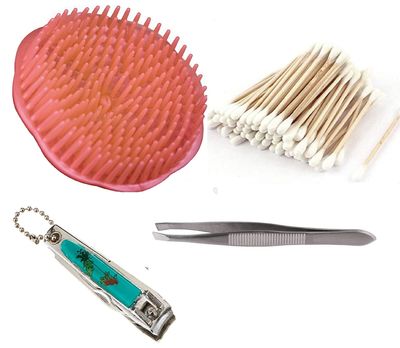BriKSHi combo pack (round hair comb/Nail Clipper/Cotton earbuds/swabs/Steel Eyebrow Tweezers) Pack of 4 || K-3