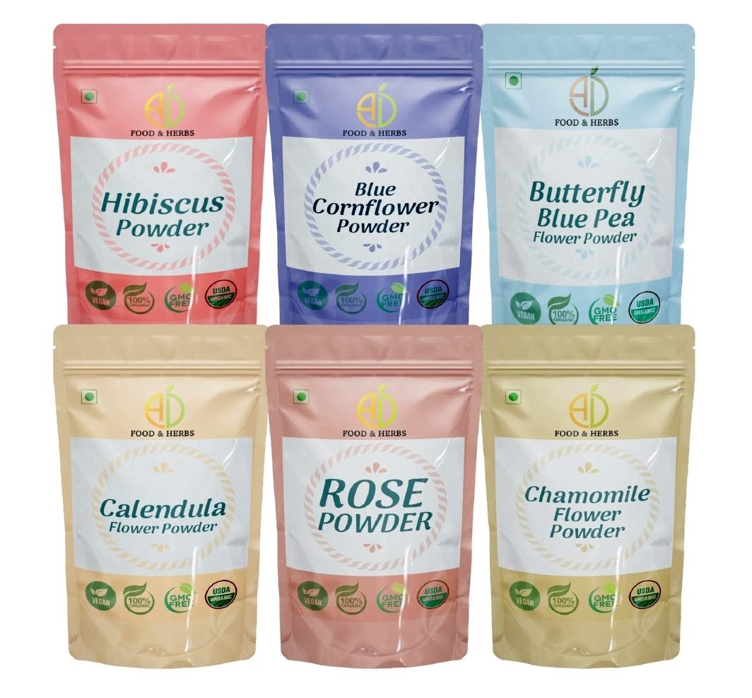 A D Food & Herbs Combo of Butterfly Pea/Rose/Hibiscus/Blue Corn/Chamomile/Calendula Flower Powder Aromatic Edible for Homemade Lattes,Tea Blends,BathSaltsFace Body packs (100 GMS x Pack of 6)