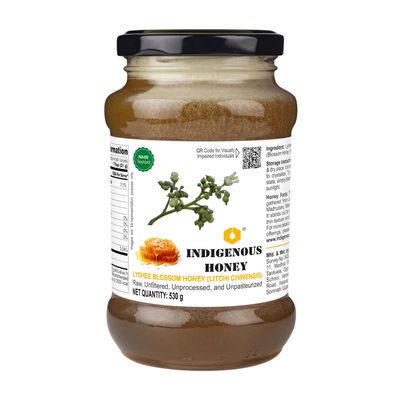 INDIGENOUS HONEY Lychee Honey Raw Natural Pure Unprocessed NMR Tested Unpasteurized Unheated 530g Glass Jar Pack of 1