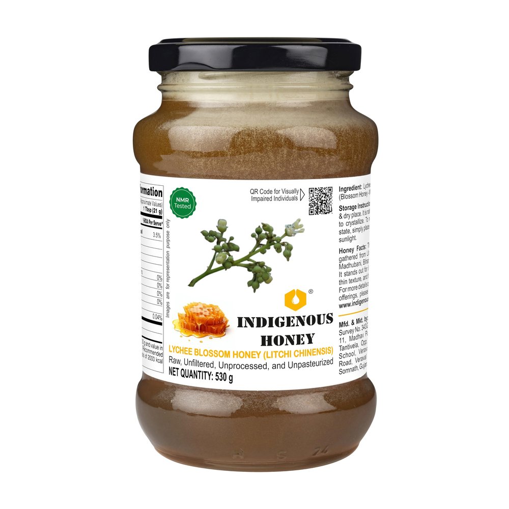 INDIGENOUS HONEY Lychee Honey Raw Natural Pure Unprocessed NMR Tested Unpasteurized Unheated 530g Glass Jar Pack of 1