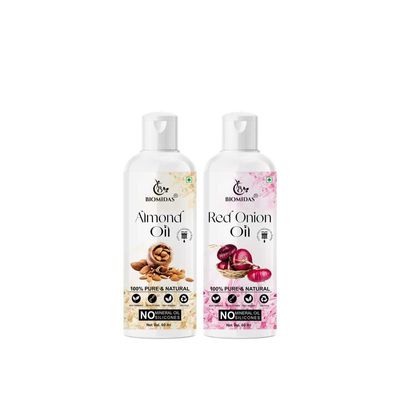 Biomidas 100% Pure Almond Oil 60ML & Red Onion Oil 60ML Combo For Rapid Hair Growth, Anti Hair Fall, Split Ends & Promotes Softer & Shinier Hair (Pack Of 2)