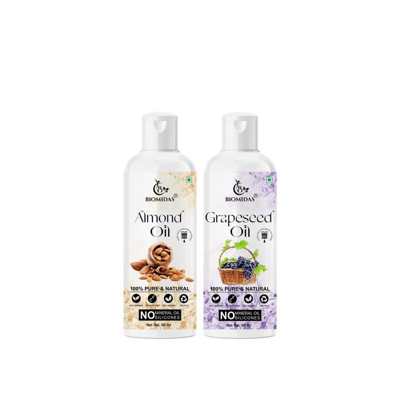 Biomidas 100% Pure Almond Oil 60ML & Grapeseed Oil 60ML Combo For Rapid Hair Growth, Anti Hair Fall, Split Ends & Promotes Softer & Shinier Hair (Pack Of 2)