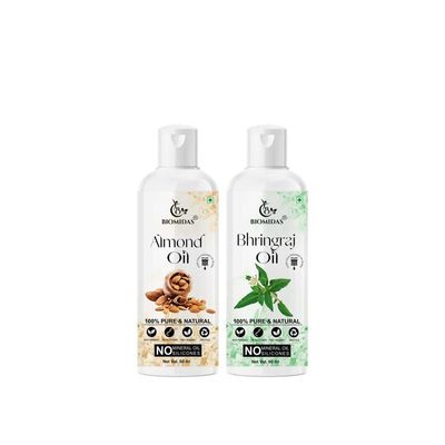 Biomidas 100% Pure Almond Oil 60ML & Bhringraj Oil 60ML Combo For Rapid Hair Growth, Anti Hair Fall, Split Ends & Promotes Softer & Shinier Hair (Pack Of 2)