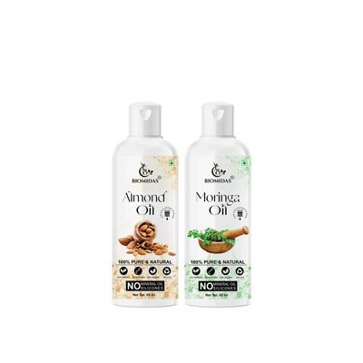 Biomidas 100% Pure Almond Oil 60ML & Moringa Oil 60ML Combo For Rapid Hair Growth, Anti Hair Fall, Split Ends & Promotes Softer & Shinier Hair (Pack Of 2)